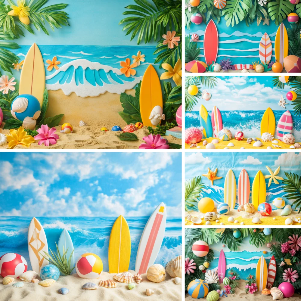 Summer Seaside Photography Backdrop Surfboard Palm Tree Baby Shower Holiday Travel Party Decorations Photozone Background Poster