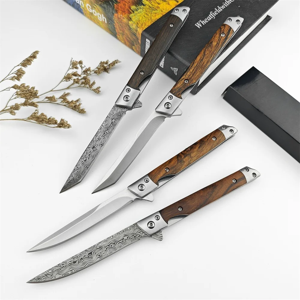 D2 Mini Damascus Pattern Folding Knife Outdoor Knife Self-defense Pocket Knife Slim Blade Comfortable Grip Sharp Blade Gadgets