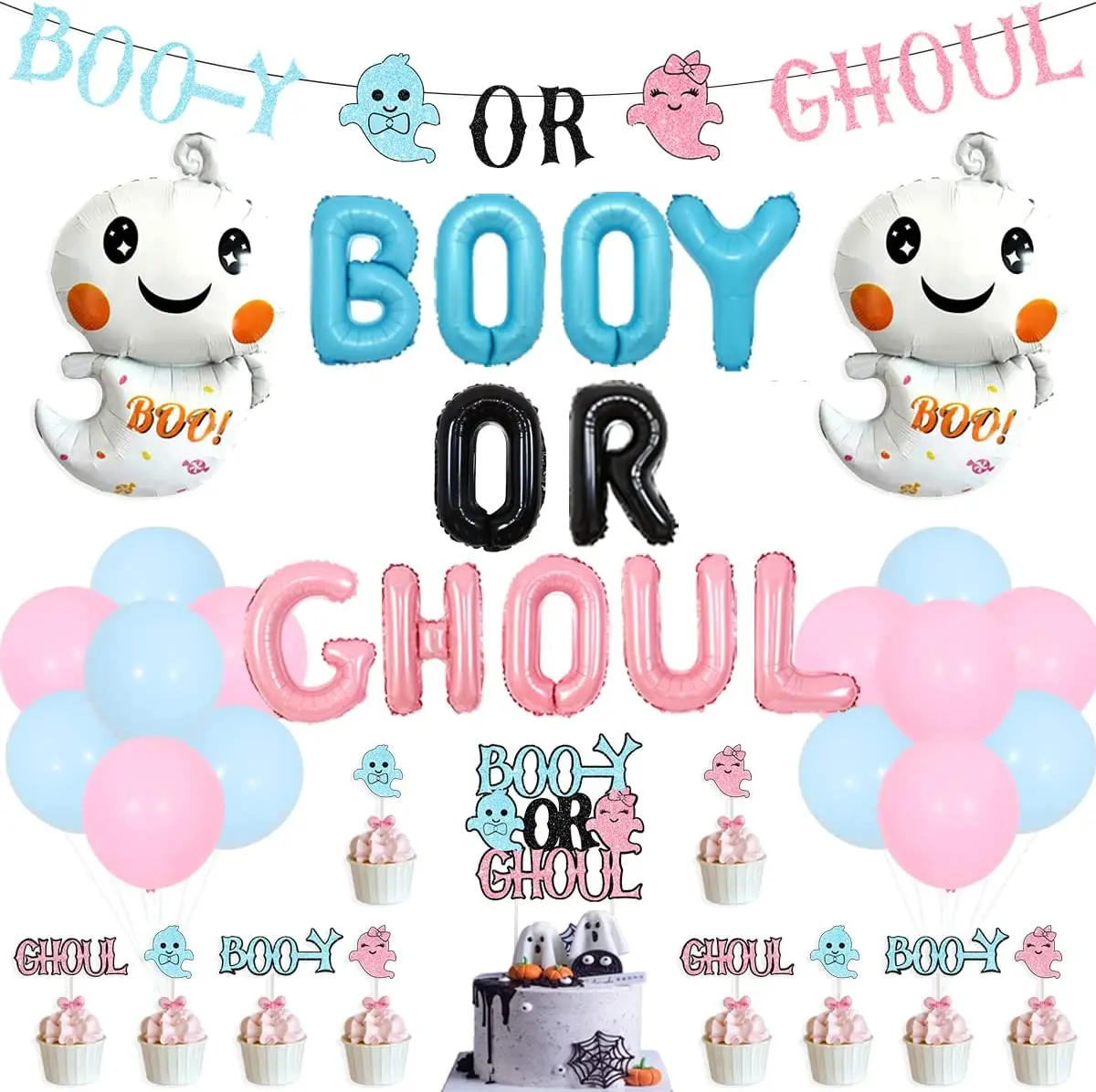 

Halloween Gender Reveal Party Decorations Pink Blue Booy or Ghoul Banner Cake Toppers Ghost Foil Balloons for Baby Shower Decor