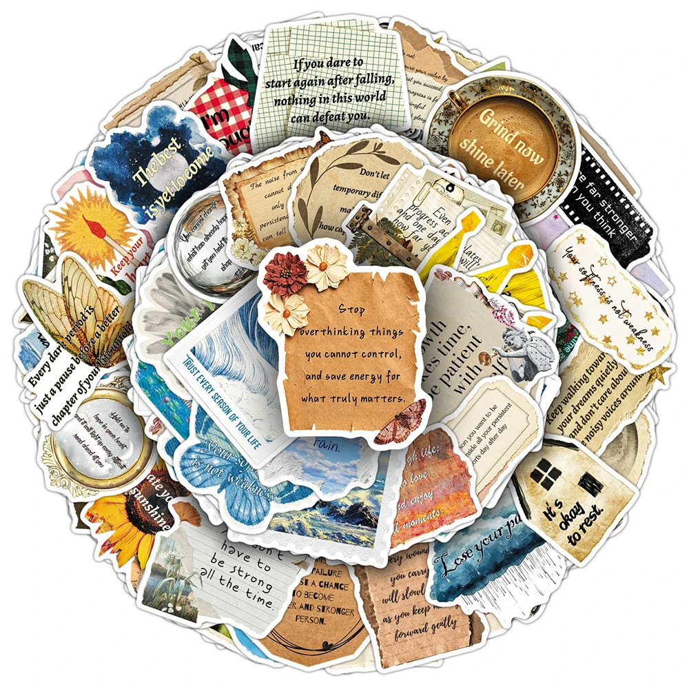 10/30/50pcs Inspirational English Phrase Stickers Vintage Aesthetic Sticker Scrapbooking Suitcase Phone Cartoon Decals Wholesale