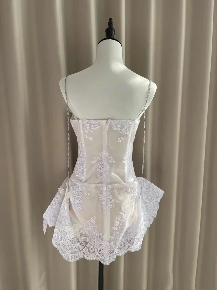 Sexy Chian Spaghetti Straps Lace Patchwork Mini Dress Women White Sleeveless Butterfly Design Dresses Evening Party Cocktail