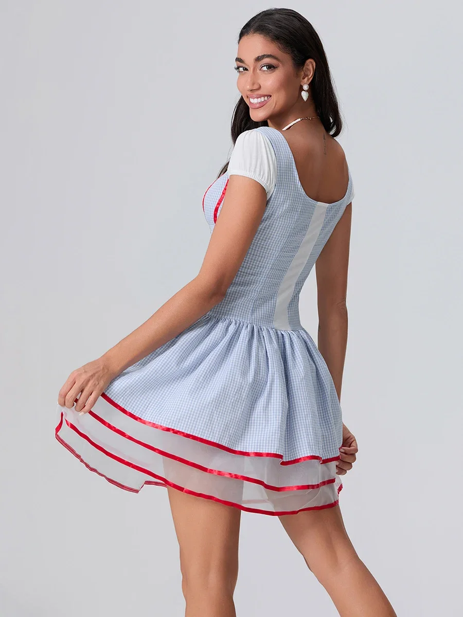 Women Mini Dress Short Sleeve Plaid Patchwork Summer Dress A-line Dress for Cosplay Party - Available in S, M, L Sizes!