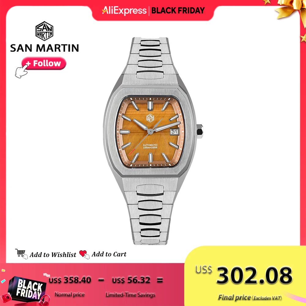 

San Martin 39,5 мм Tonneau Мужские часы Роскошные деловые автоматические механические наручные часы Водонепроницаемые 10 бар BGW-X1 Светящиеся SN0145