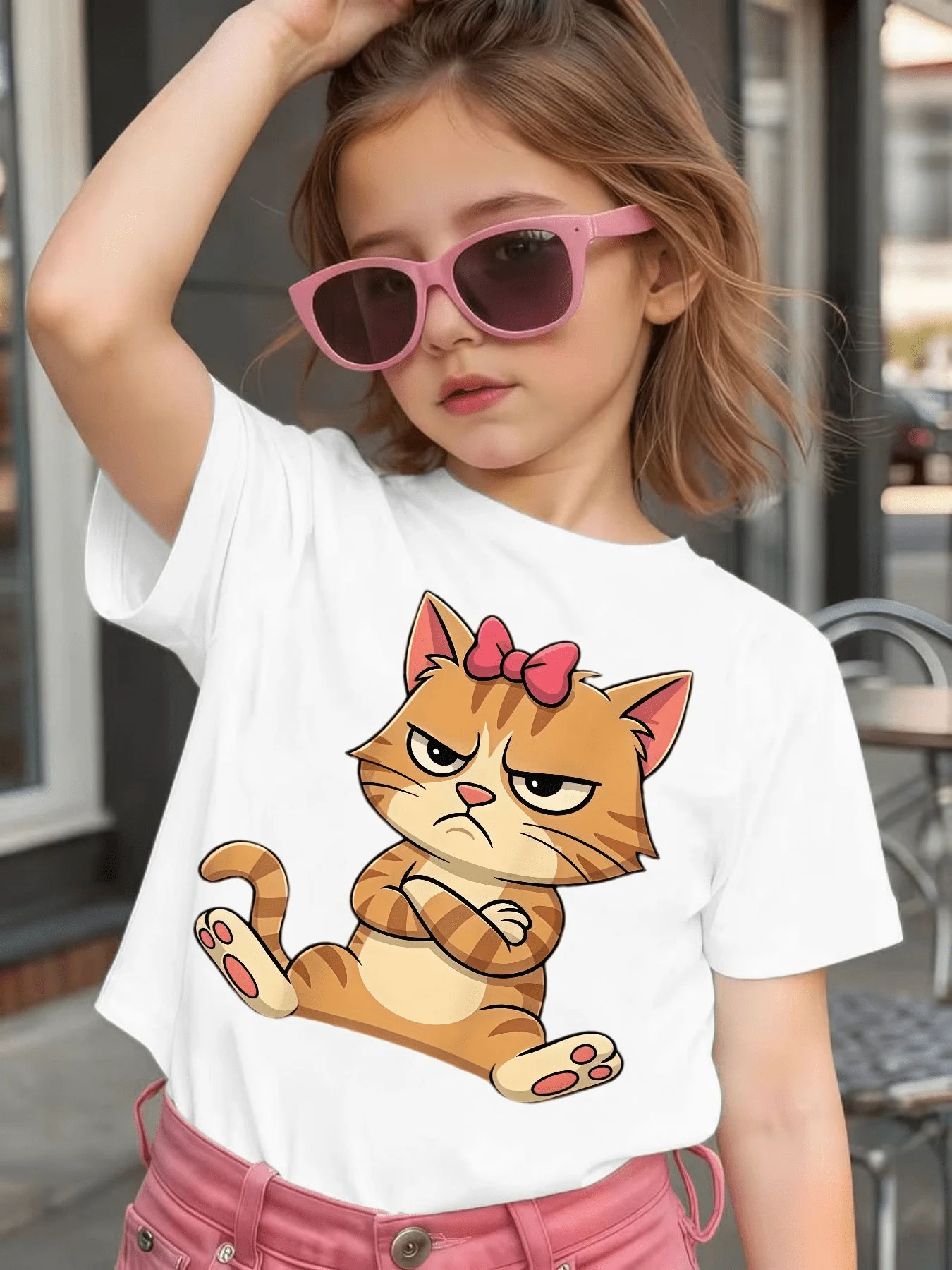 Cute Grumpy Orange Cat Pink Bow Graphic Kids Tee Boys Girls Family Matching Cotton Crew Neck Short Sleeve Soft Casual Summer Tee