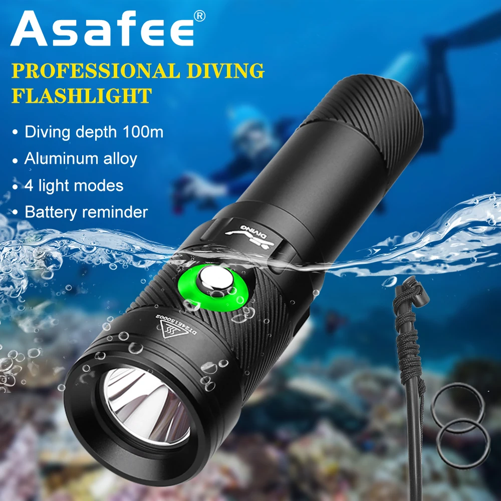 

Asafee DT18 светодиодный профессиональный фонарь для дайвинга, подводный фонарик для подводного плавания 100 м, аккумуляторная лампа 18650, портативный сверхмощный фонарик