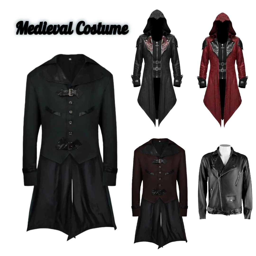 

Adult Men's Medieval Cosplay Costume Black Jacket Gothic Steampunk Coat Devil Fashion Tailcoat Halloween Carnival Party Outfit