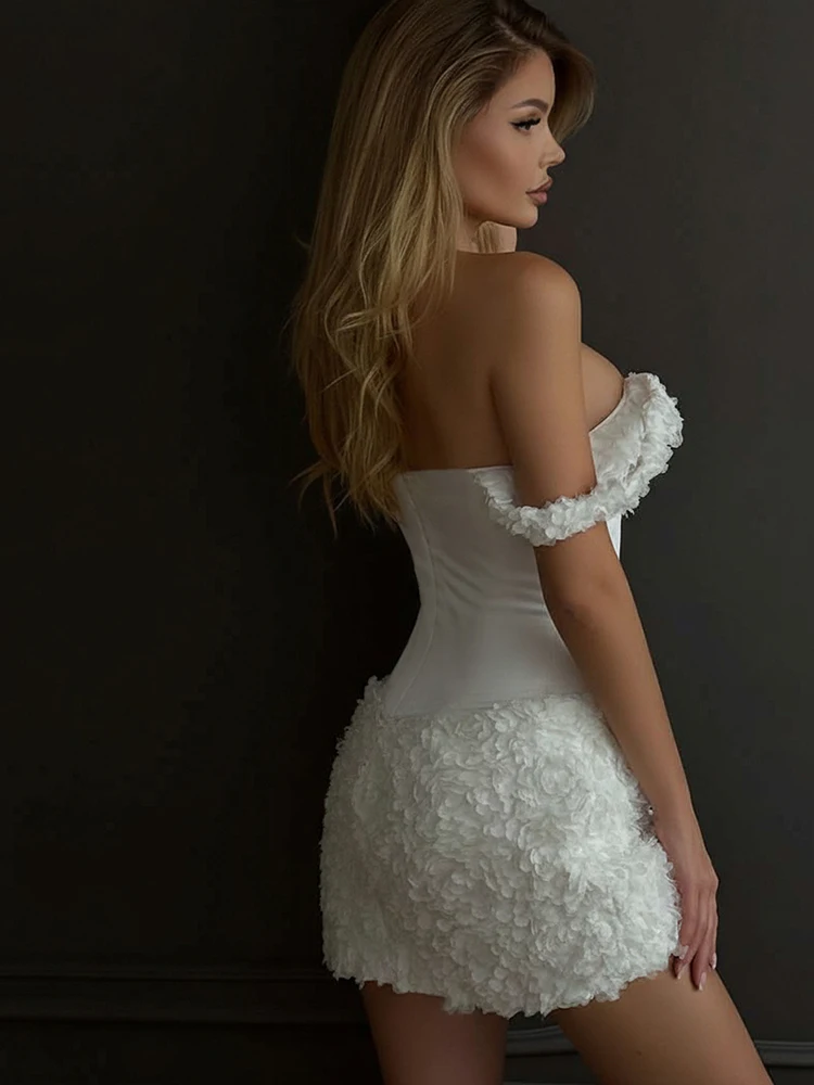 Nibber 3d fleurs robe femmes Slash cou faux os de poisson décoration fermeture éclair Patchwork doux fête d'anniversaire mode Mini moulante