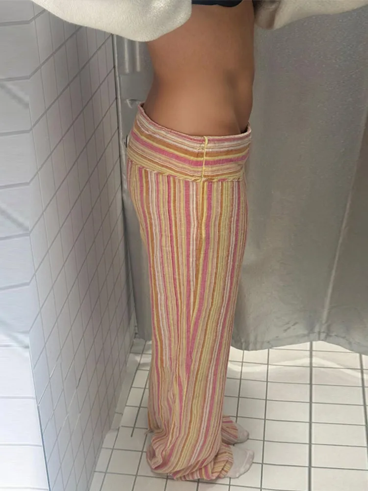 Gestreifte Bandage-Freizeithose für Damen, Streetwear, hohe Taille, Schnürung, getäfelte, lockere Hose mit weitem Bein, modische Partykleidung für Damen – Detail 2