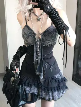 Goth – robe d'été Sexy pour femmes, vêtements Punk, Streetwear, écharpe en dentelle, noir foncé, Slim, robes courtes, taille haute, Mini robe Y2k
