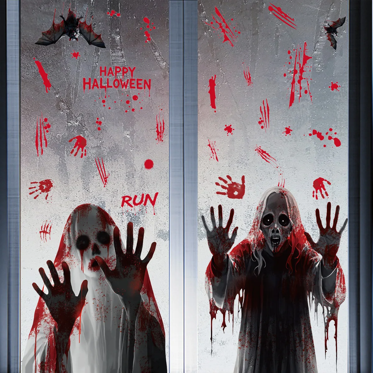 Halloween Static Cling Window Decals with Ghost Figure Bloody Handprint Patterns Easy To Attach Spooky Party Indoor Home Decor
