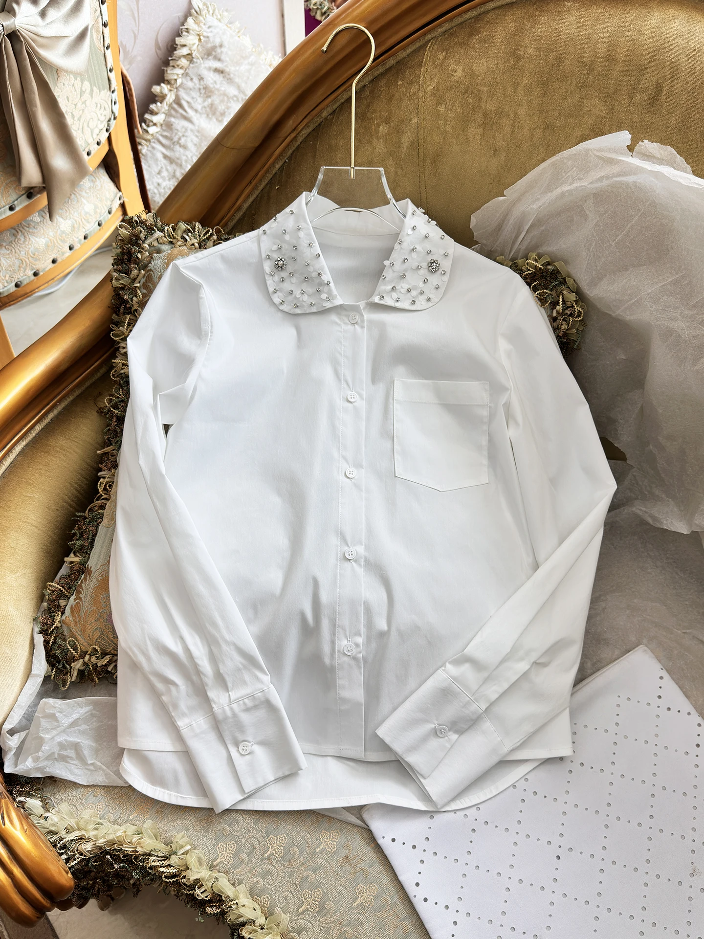 Fashion Elegant Heavy Industry Beading Sequin Doll Collar Long Sleeve Single-breasted Loose Versatile White Shirts Blouses Women