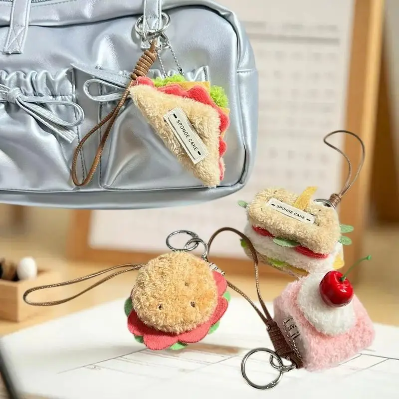 かわいい食べ物をイメージしたぬいぐるみキーホルダー。シミュレーションハンバーガーサンドイッチケーキキーリング。楽しいぬいぐるみバッグペンダント