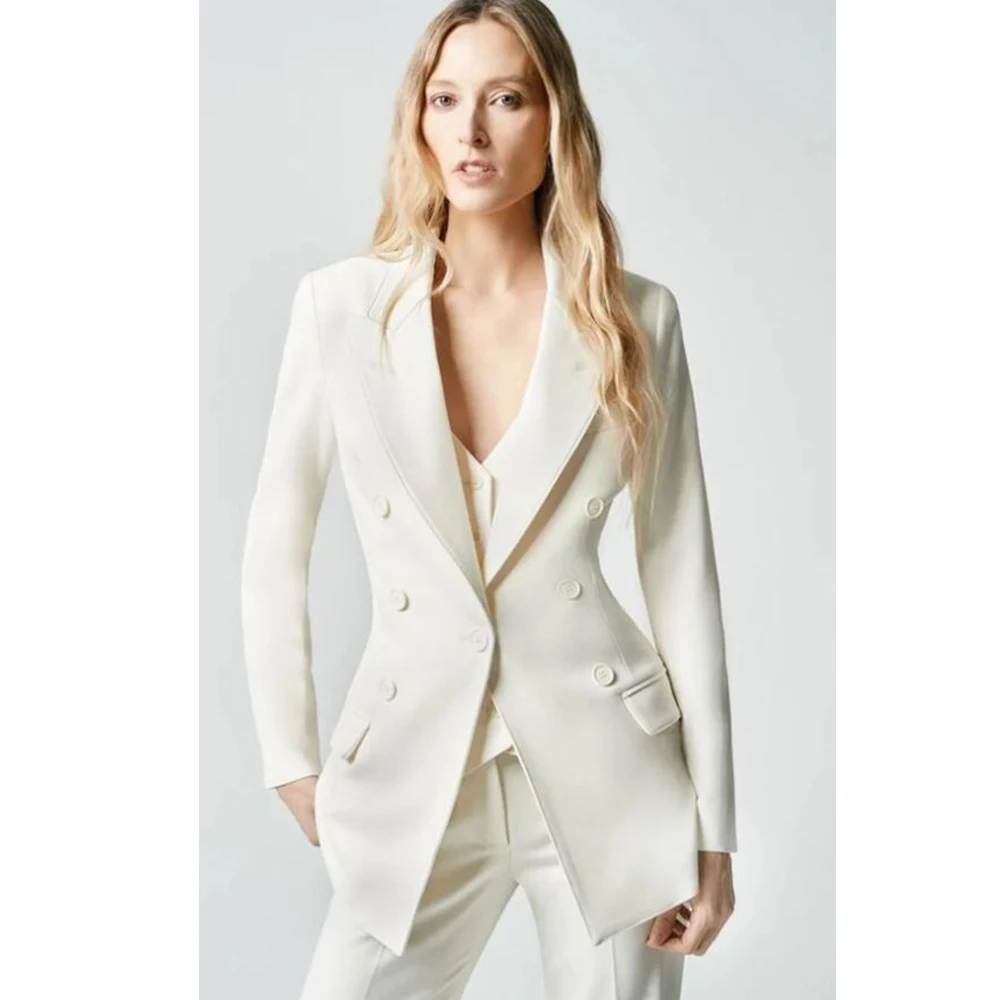 Women's Custom Three Piece Suit Ivory Cotton Peak Lapel Single Breasted Blazer Vest High Waist Pants Formal Business Prom Attire