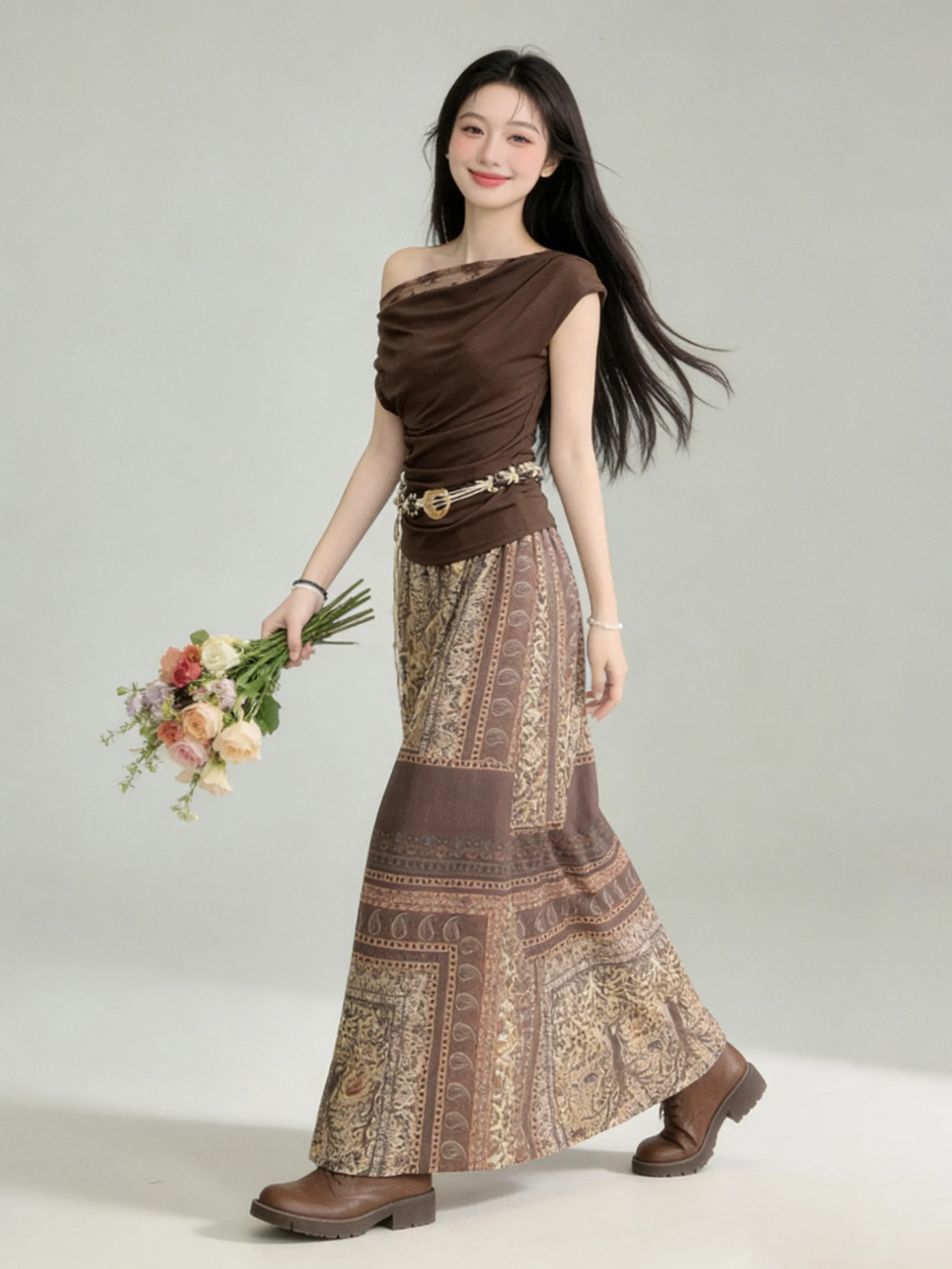 Bohemian Desert Style Women's Fashion Set Coffee T-shirt Top Vintage  Skirt Breathable Mid-weight Summer Two-piece Set