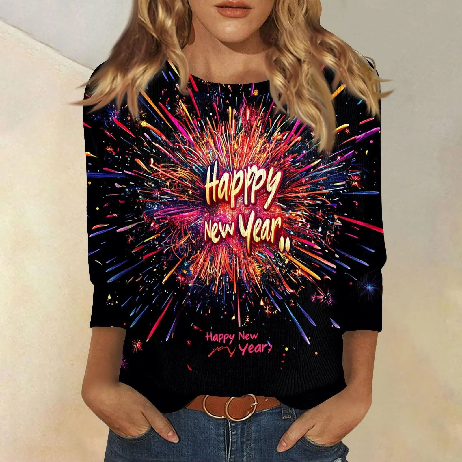 تي شيرت نسائي بطابع عيد الميلاد للعام الجديد مطبوع برقبة دائرية وأكمام طويلة، قميص فضفاض غير رسمي أبيض وأسود احتفالي #4