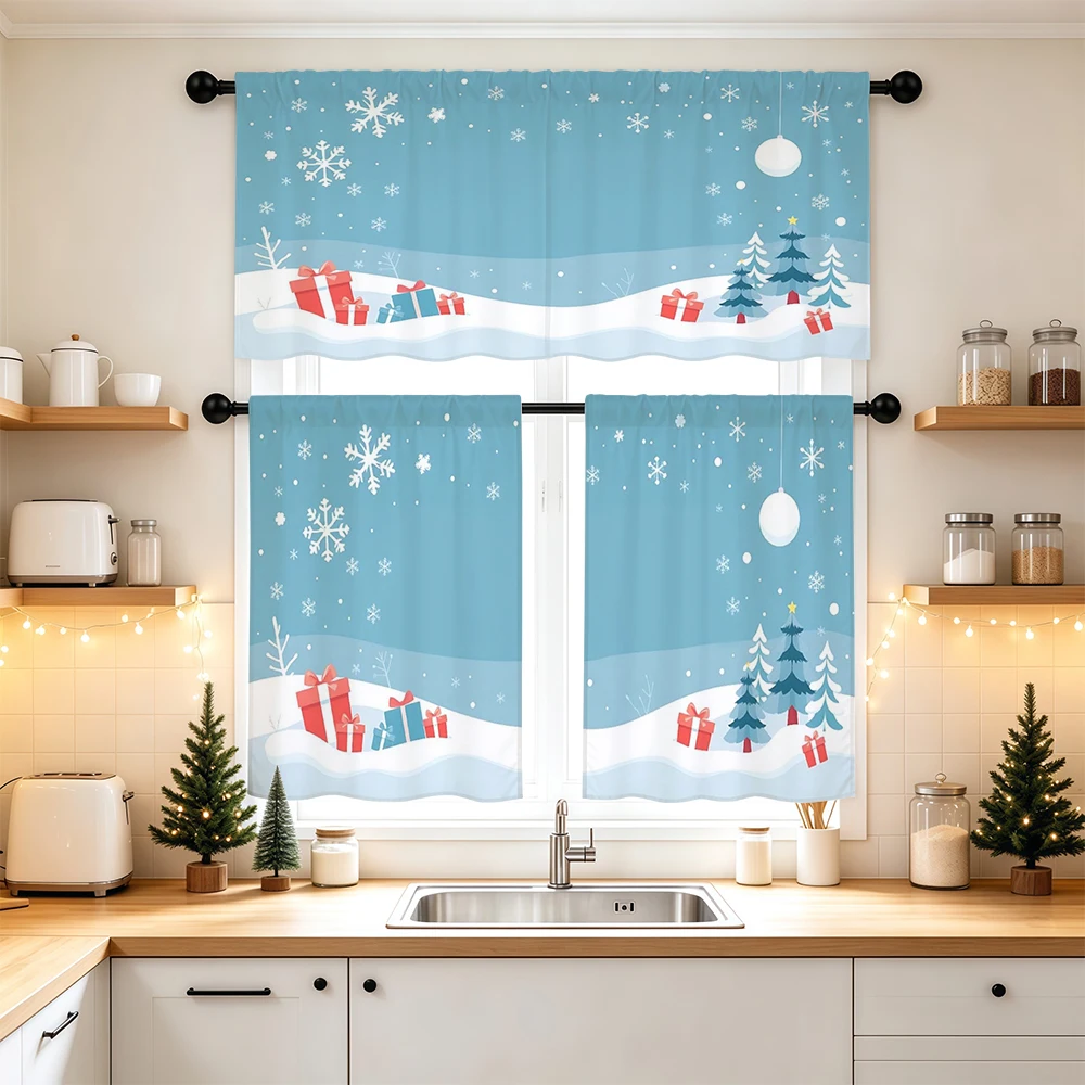 Christmas Kitchen Curtains, Blue White Snow Tree Gift Ball, Digital Print, Kitchen Dining Room, Rod Pocket Polyester, Home Decor