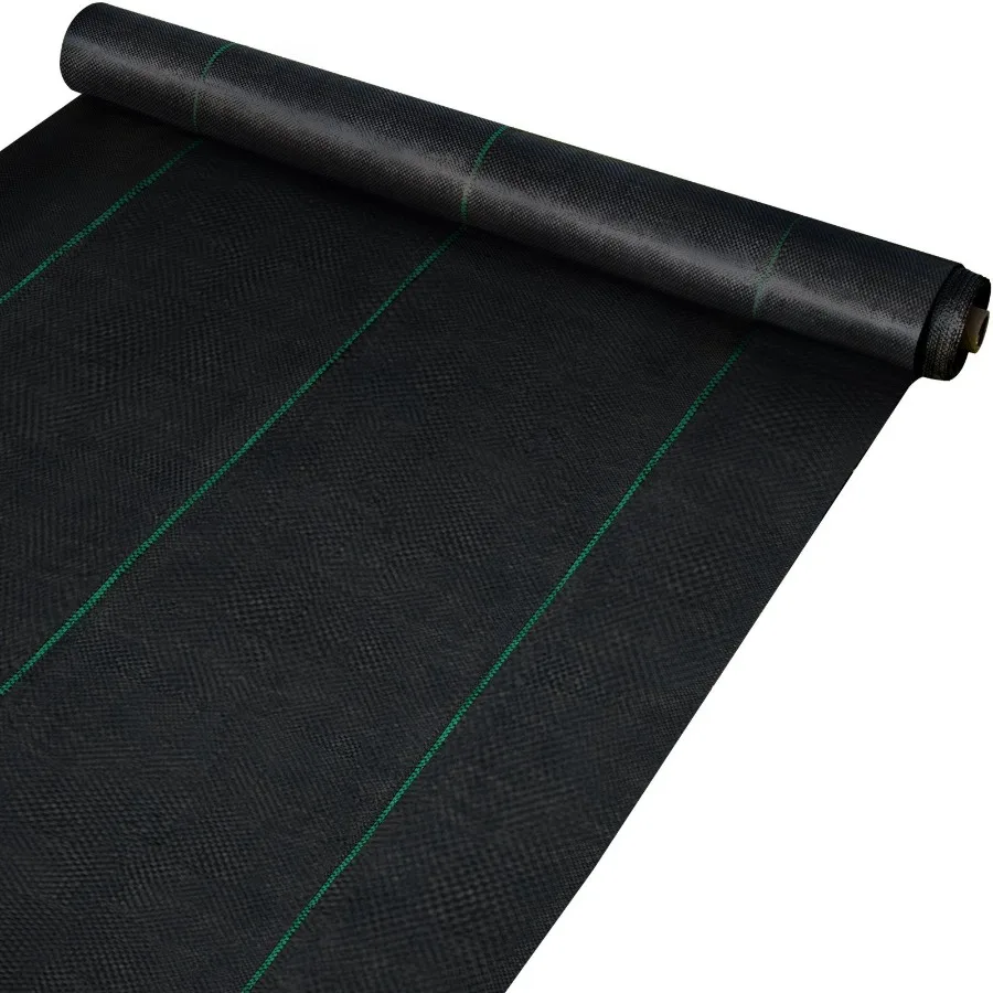 

Flower bed application, polyethylene woven fabric, black, heavy duty 3.2 oz with high permeability for premium weed control and