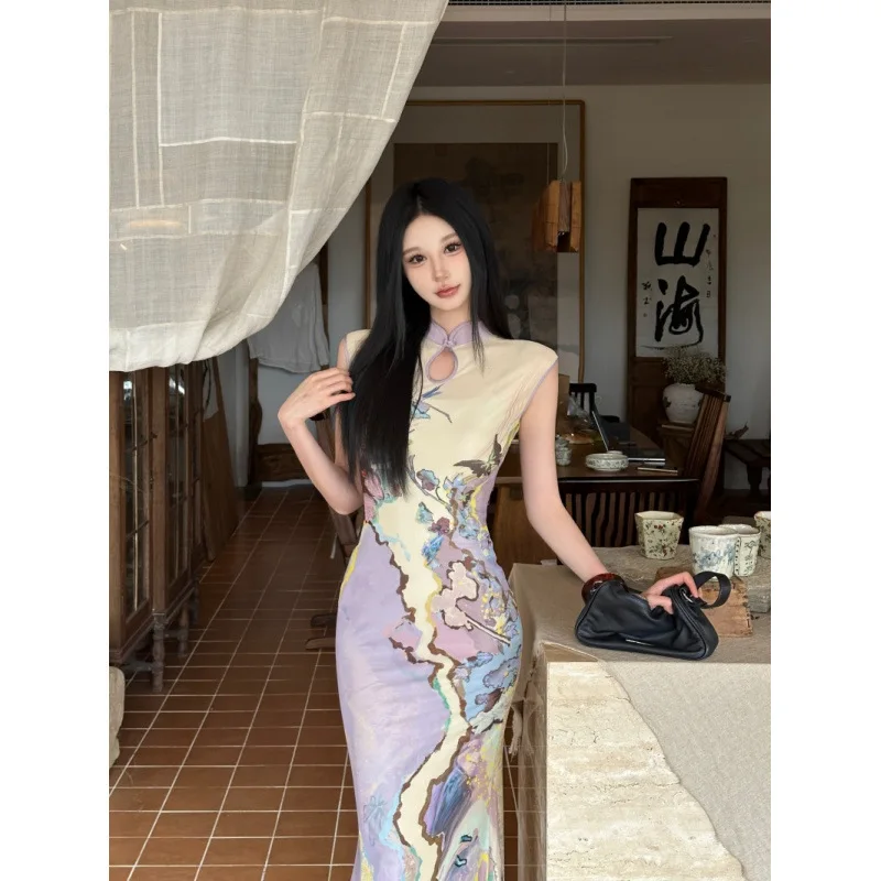 Modern Chinese Style Floral Qipao Dress for Women Reversible Mesh Tank Maxi Dress with Elegant National-Inspired Design Trendy