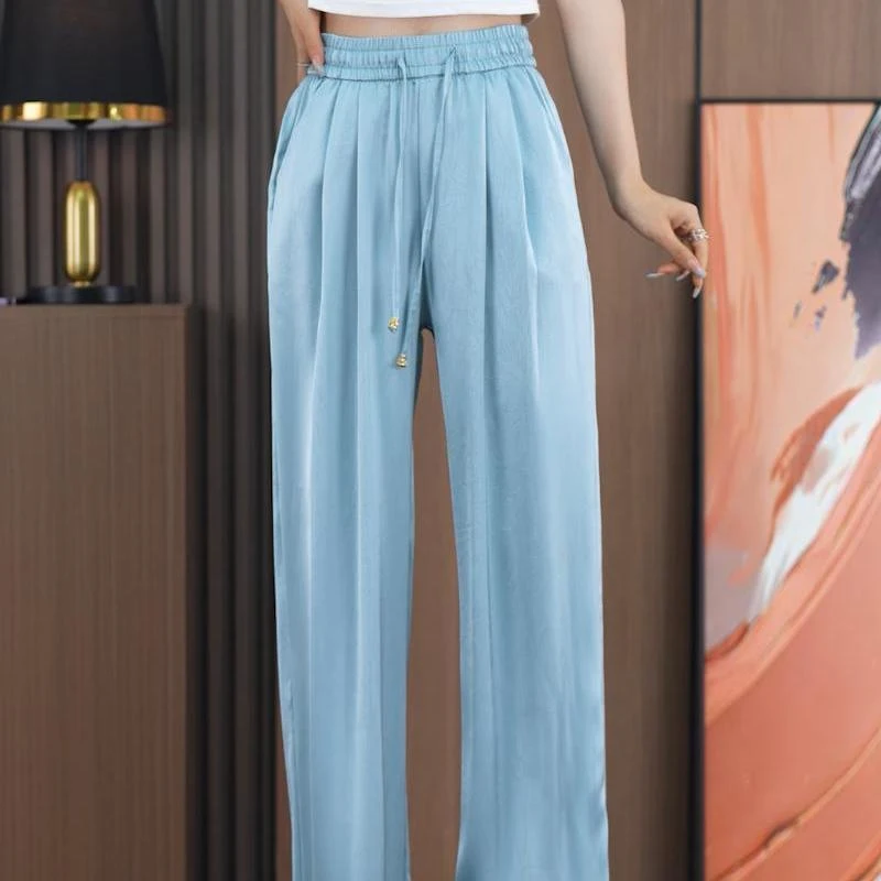 Summer Solid Color Elastic Waist Wide Leg Trousers Women High Street Casual Loose Satin Face Pockets Drawstring Patchwork Pants