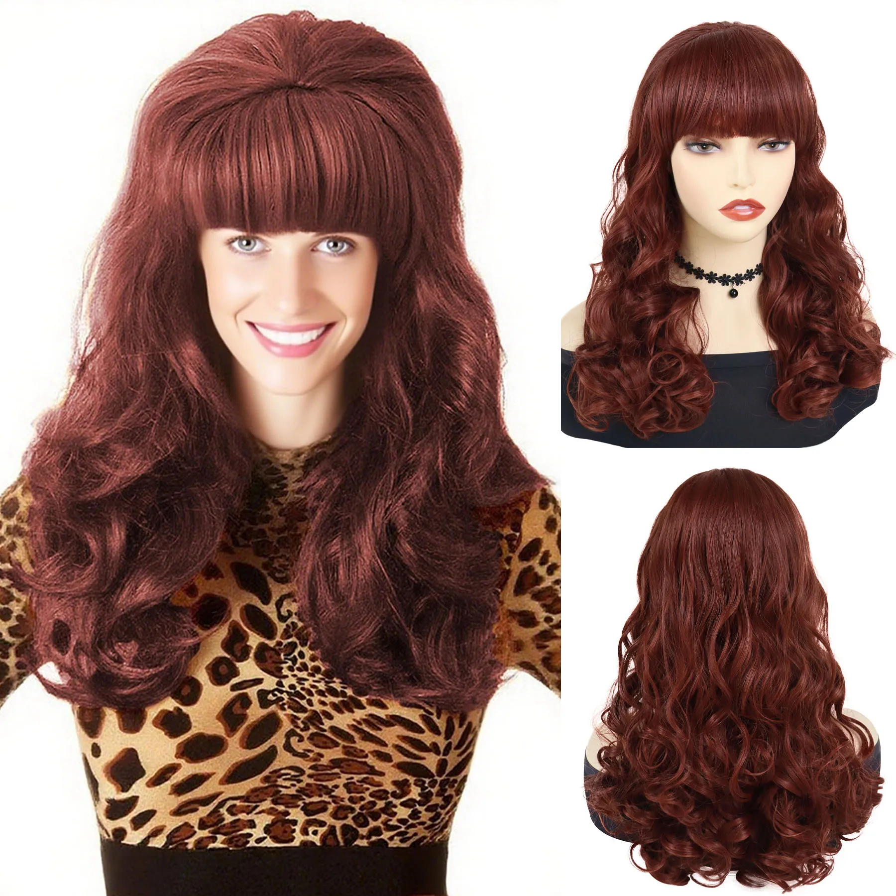 

Auburn Red Wigs for Women Synthetic Long Curly Wig with Bangs Body Wave Wig Married with Children Costume Natural Mommy Hair