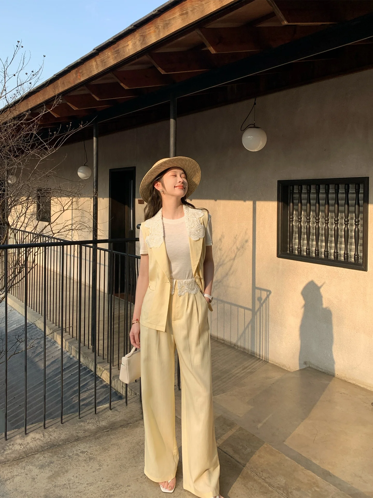 

Ele Money-Small Size Women's Vest Set Spring Summer New Wide Leg Pants Two-Piece Set Cloud Spring Day Faion