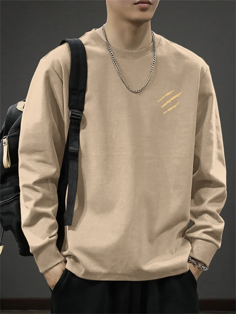 Autumn Pure Cotton Long Sleeve T-Shirt Men's Trendy Drawstring Base Shirt Breathable Wear Resistant Casual Style Geometric Pa...