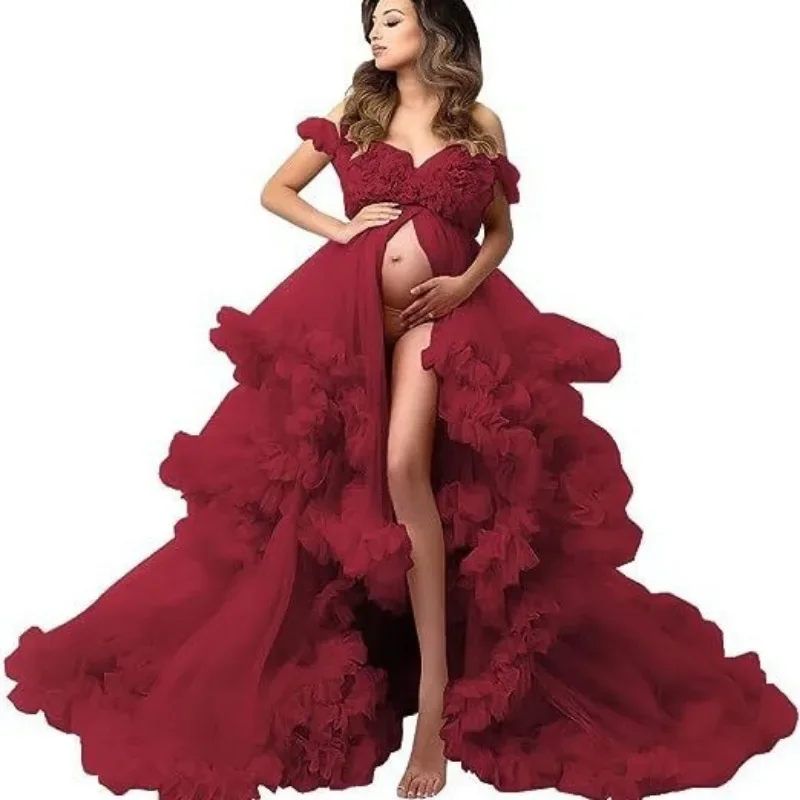 Sexy Maternity Gowns Photoshoot V Neck Ruffles A Line Sweep Train Tulle Pregnant Women Maternity Dresses for Photo Shoot