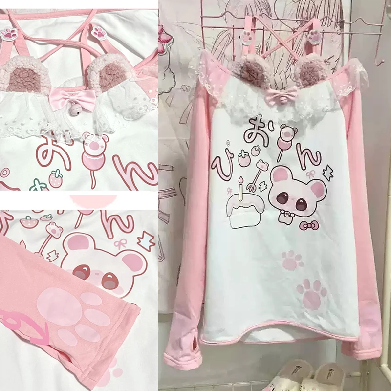Women clothing Kawaii arcane Anime Printed T-shirt Autumn New Subculture Pink Long-sleeved T Shirt Fashion Halter Design Sense