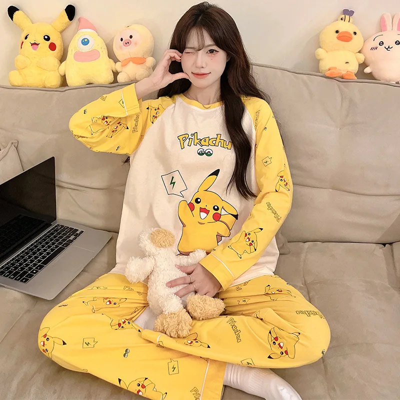 Nuevo jersey de algodón con cuello redondo de Pokémon Pikachu, pijamas para mujer, conjunto de ropa de descanso holgada de manga larga con dibujos animados para primavera y otoño