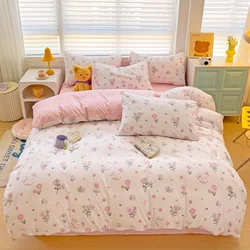 Spring Flowers Duvet Cover Set 4pcs Bedding Set Floral Quilt Cover Polyester Comforter Cover with 1 Flat Sheet and 2 Pillowcases