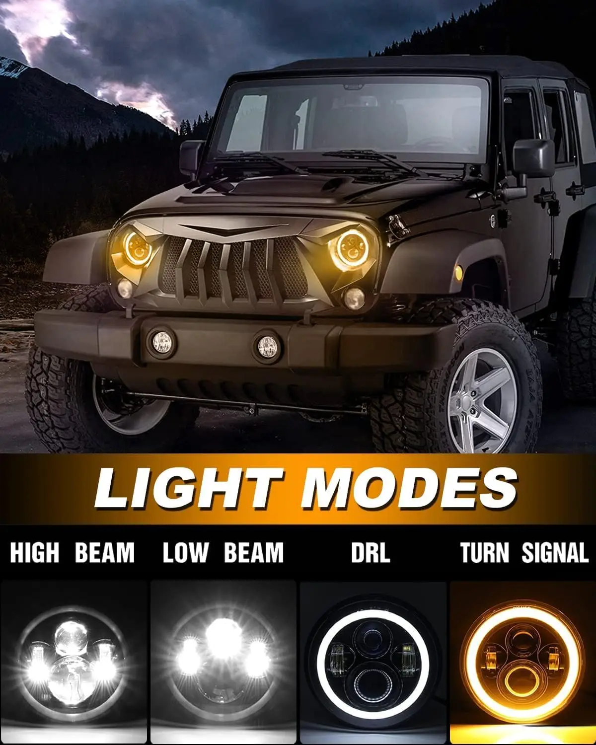 7 Inch LED Headlight with Amber Halo Turn Signal White DRL High/Compatible with Wrangler JK LJ CJ TJ (H4 H13 Adapter Included)