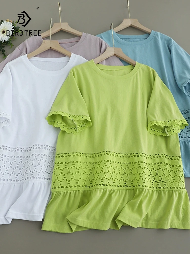 

Новая летняя хлопковая футболка с коротким рукавом 2025, женская кружевная лоскутная футболка с круглым вырезом, универсальная свободная футболка нестандартной формы в стиле ретро Mori Girl T56617CC