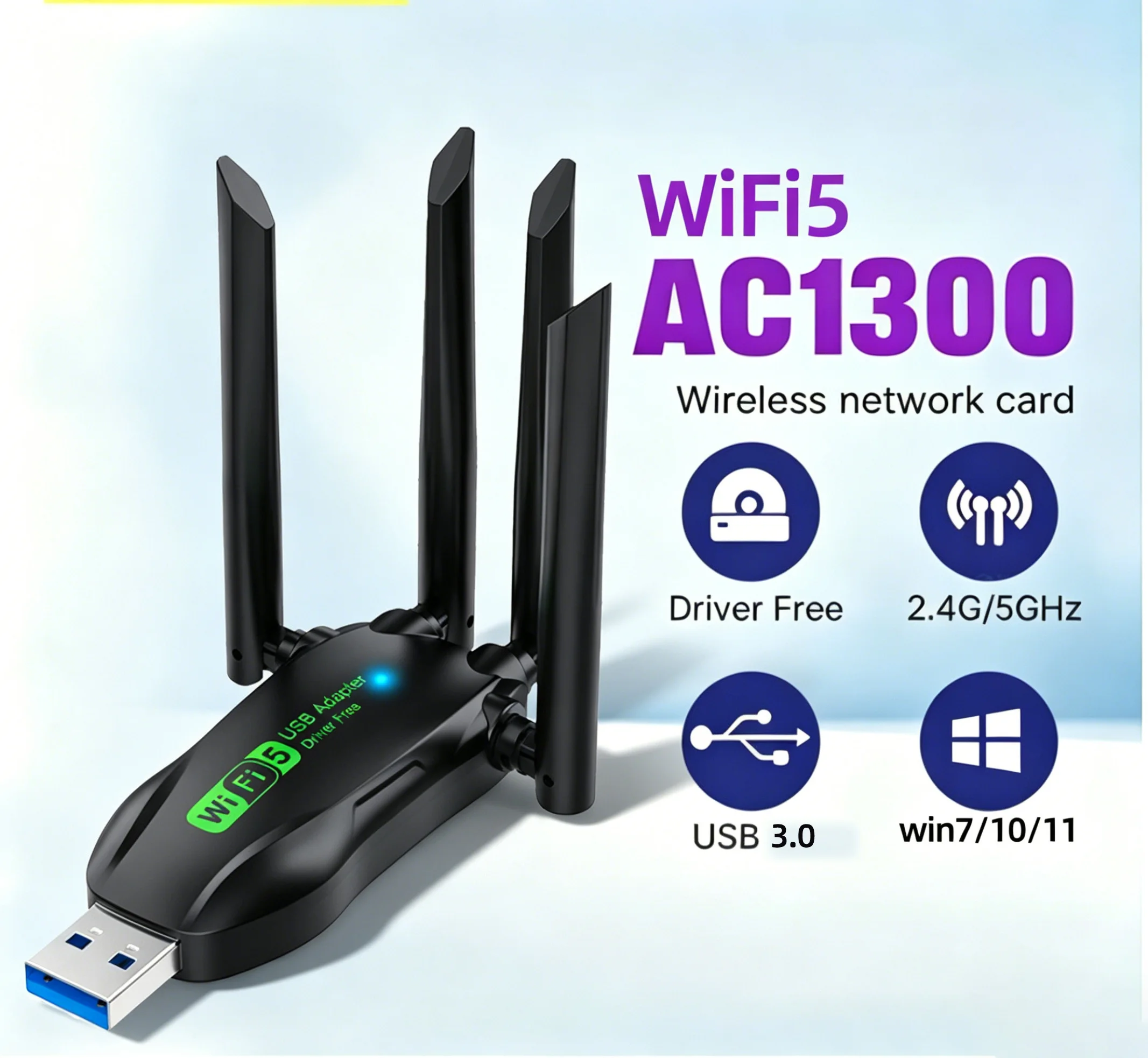 

Беспроводная сетевая карта Wi-Fi 5, 1300 Мбит/с, двухдиапазонная, 2,4 ГГц и 5 ГГц, USB 3.0, высокоскоростной Wi-Fi адаптер, без драйверов, для настольных ПК и ноутбуков