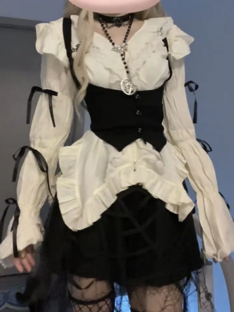 New Subculture Lace Vintage 3 Piece Set Women Design Flare Sleeve Shirt + Tunic Vest+ Mini Skirt Japanese Sexy Y2k Retro Outfits