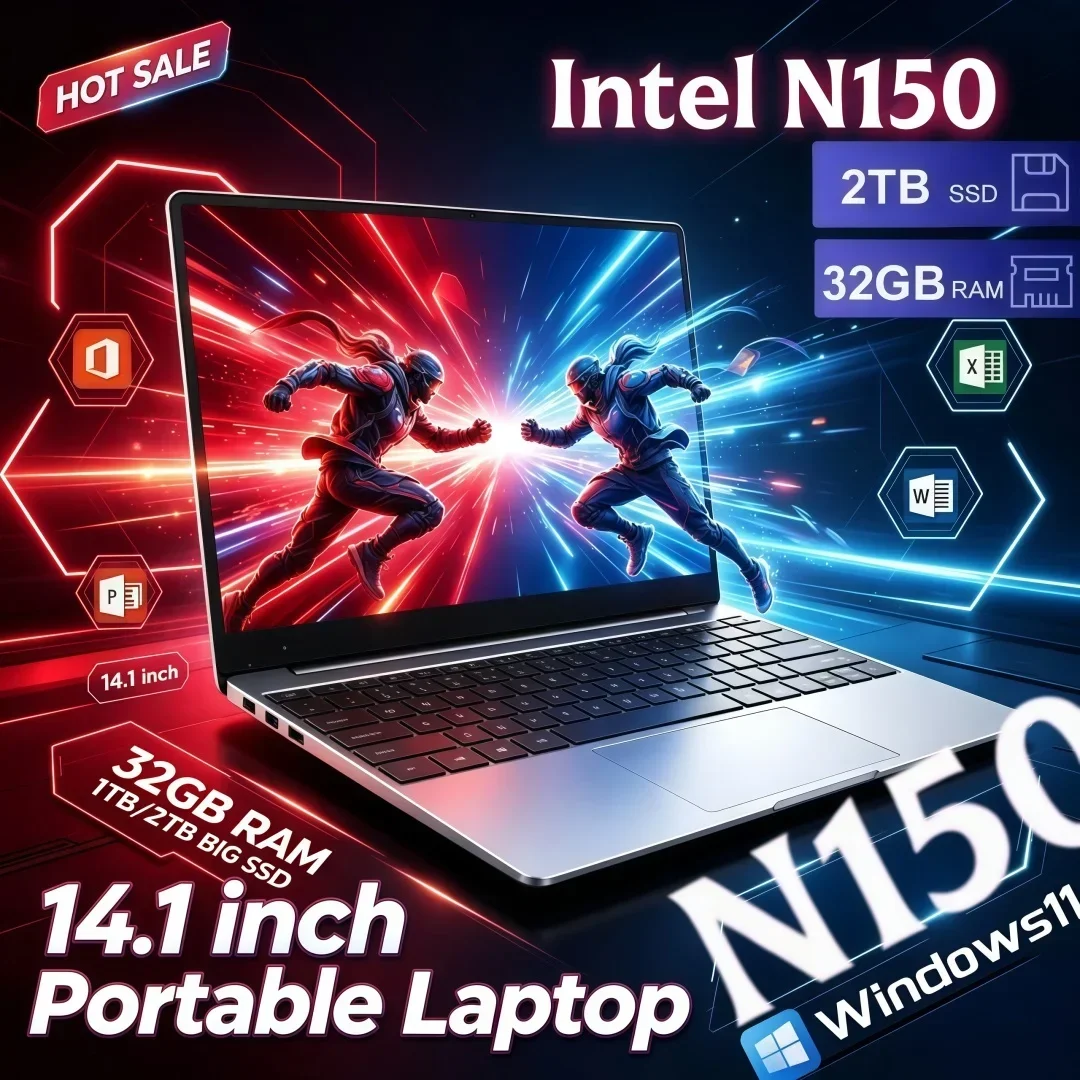 14.1 Inch Best‑Selling Ultra Slim Laptop Intel N150 16/32GB RAM 1TB/2TB Big SSD Portable Windows11 Notebook for Office Study
