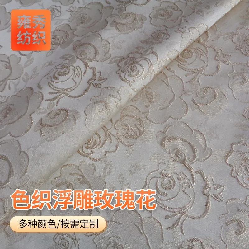 

New yarn-dyed embossed rose jacquard satin gold thread flower suit dress