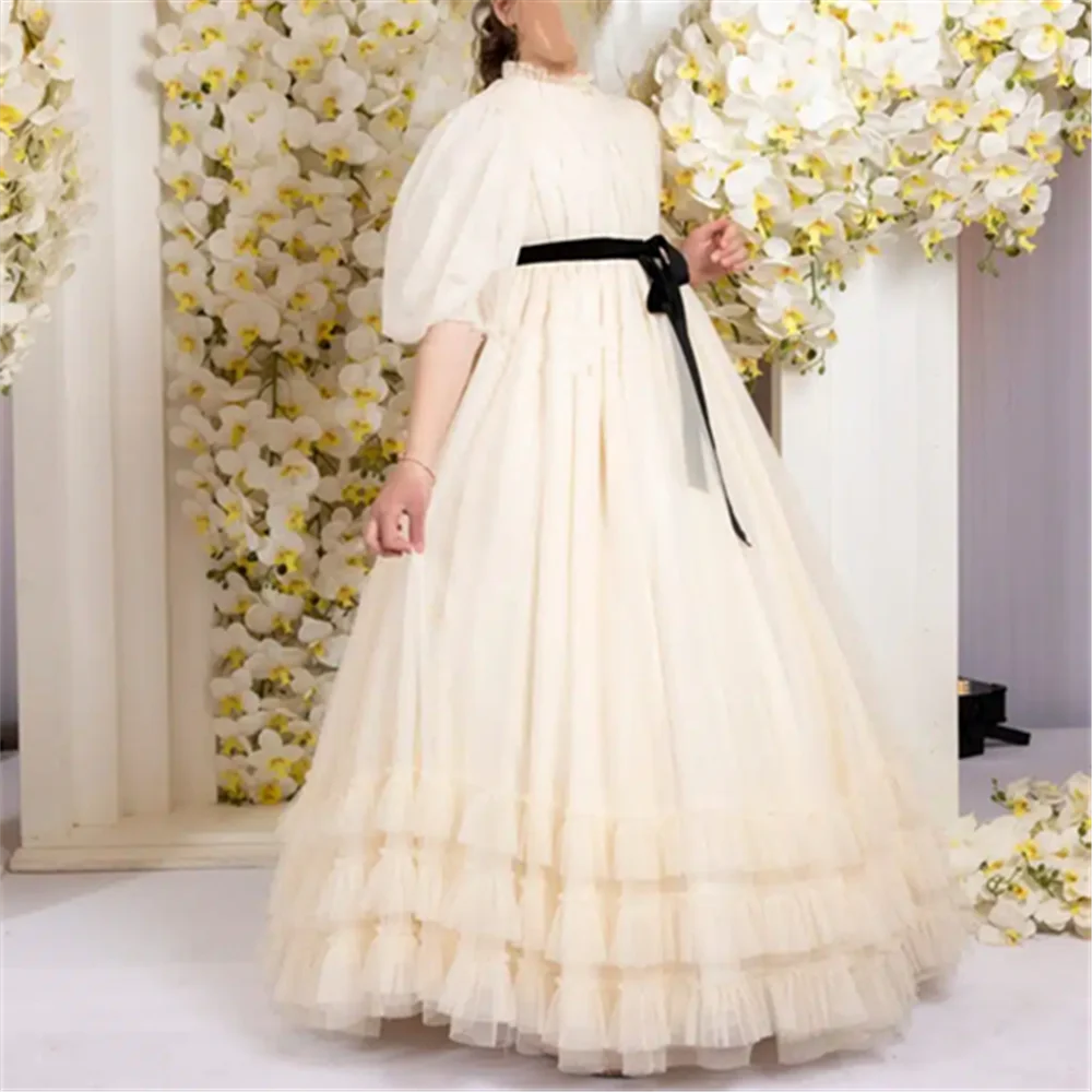 Robe de demoiselle d'honneur en Tulle blanc ivoire, pour mariage, perles, dentelle, prix, spectacle, anniversaire, robes bouffantes pour filles