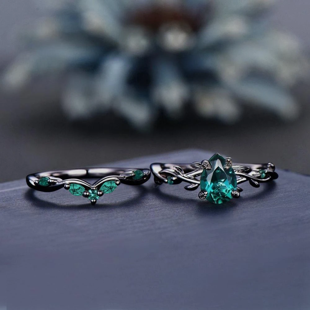 2 قطعة/المجموعة الأزياء الذهب الأسود اللون الأخضر حجر الراين الزركون خواتم للنساء كامل كريستال خواتم الزفاف المشاركة مجوهرات هدايا #4