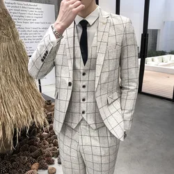 3 Pcs Suit Set Jacket Pants Vest / 2023 Fashion New Men's Casual Boutique Business Linen Striped Slim Formal Dress Blazers Coat