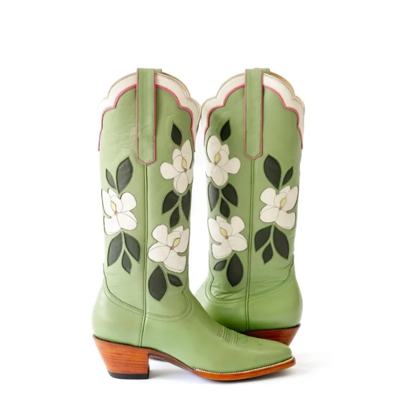 

Embroidery Flowers Pointed Toe PU Leathe Mid-Calf Women Western Boot Chunky Middle Heels Slip On Design Large Size Cowboy Shoes