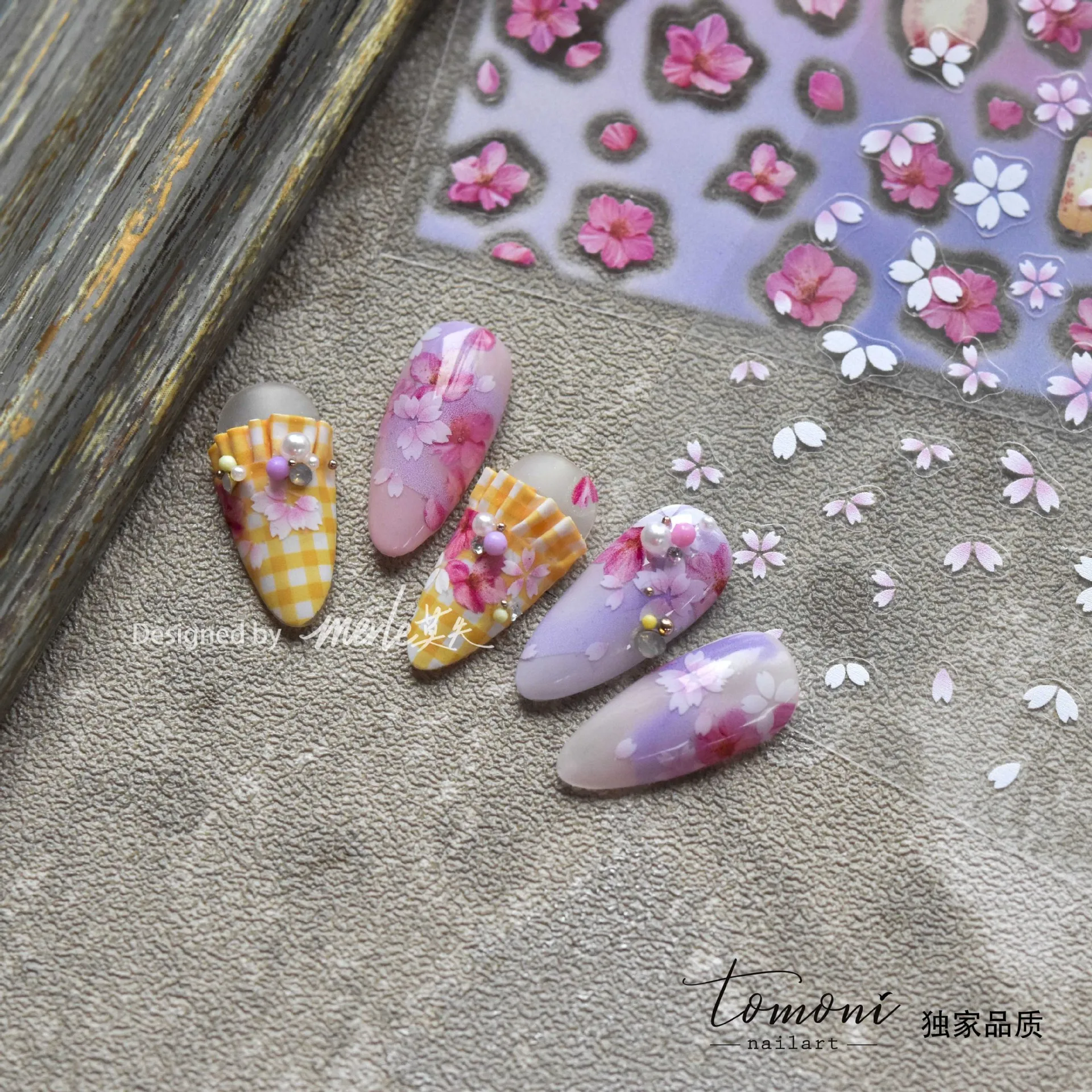 Japanese Flowers Nail Stickers Pink Cherry Blossom Green Grid Element Pattern Design Self Adhesive Nail DIY Decorative Stickers