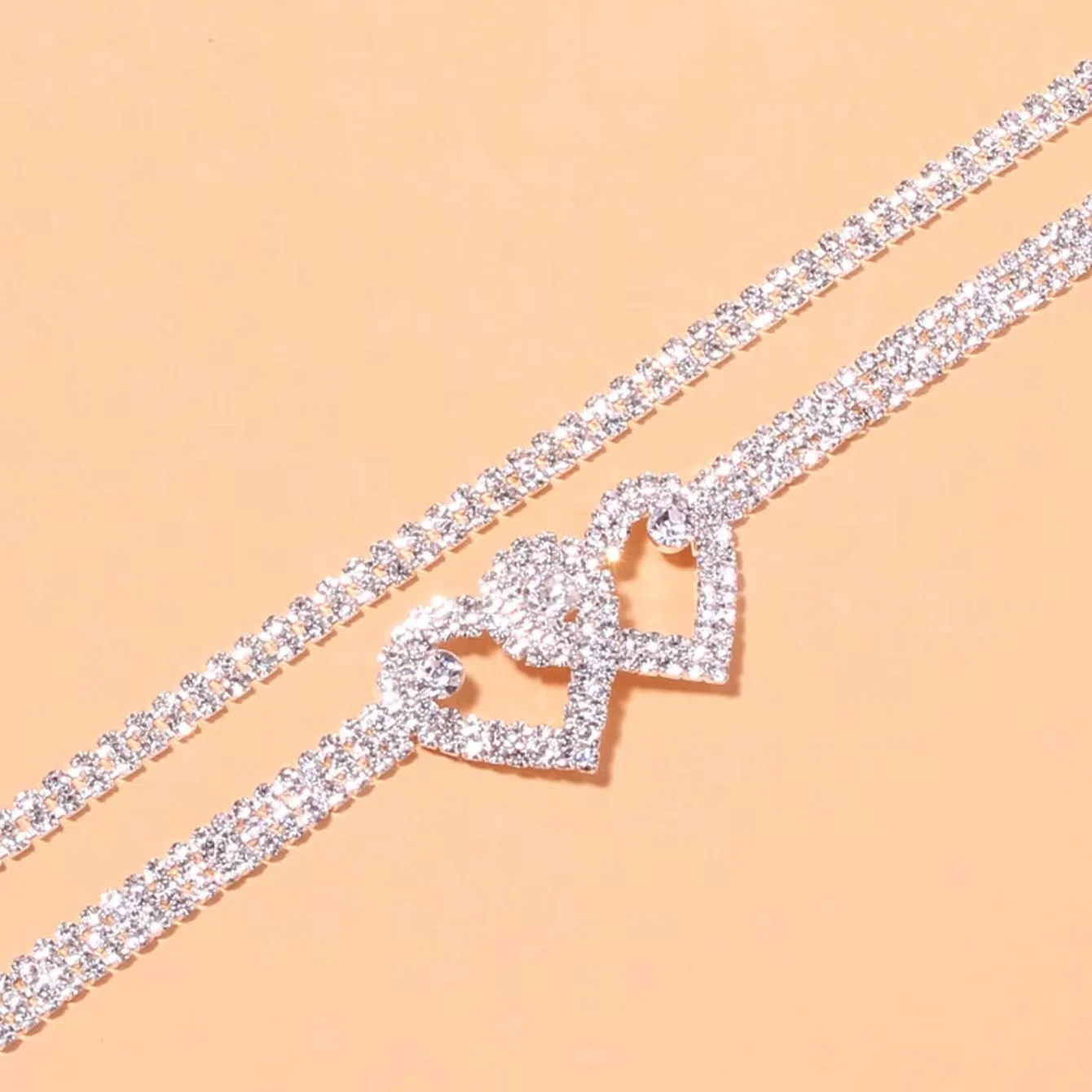 Fashion Rhinestone Double Heart Anklets for Women Silver Color Bling Hollow Out Love Foot Ankle Leg Bracelet Chain Ins Jewelry