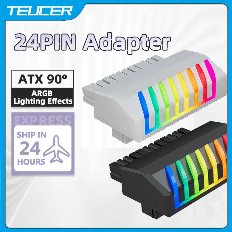 TEUCER 24P-4 ATX 24 Pin 90 Degree Plug Adapter ARGB Motherboard Power Supply Cable Connectors Modular DIY Mounting Accessessory