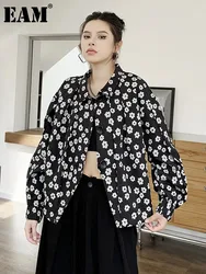 [EAM] Black Flower Printed Big Size Casual Jacket New Lapel Long Sleeve Women Coat Fashion Tide Spring Autumn 2024 1DH7146