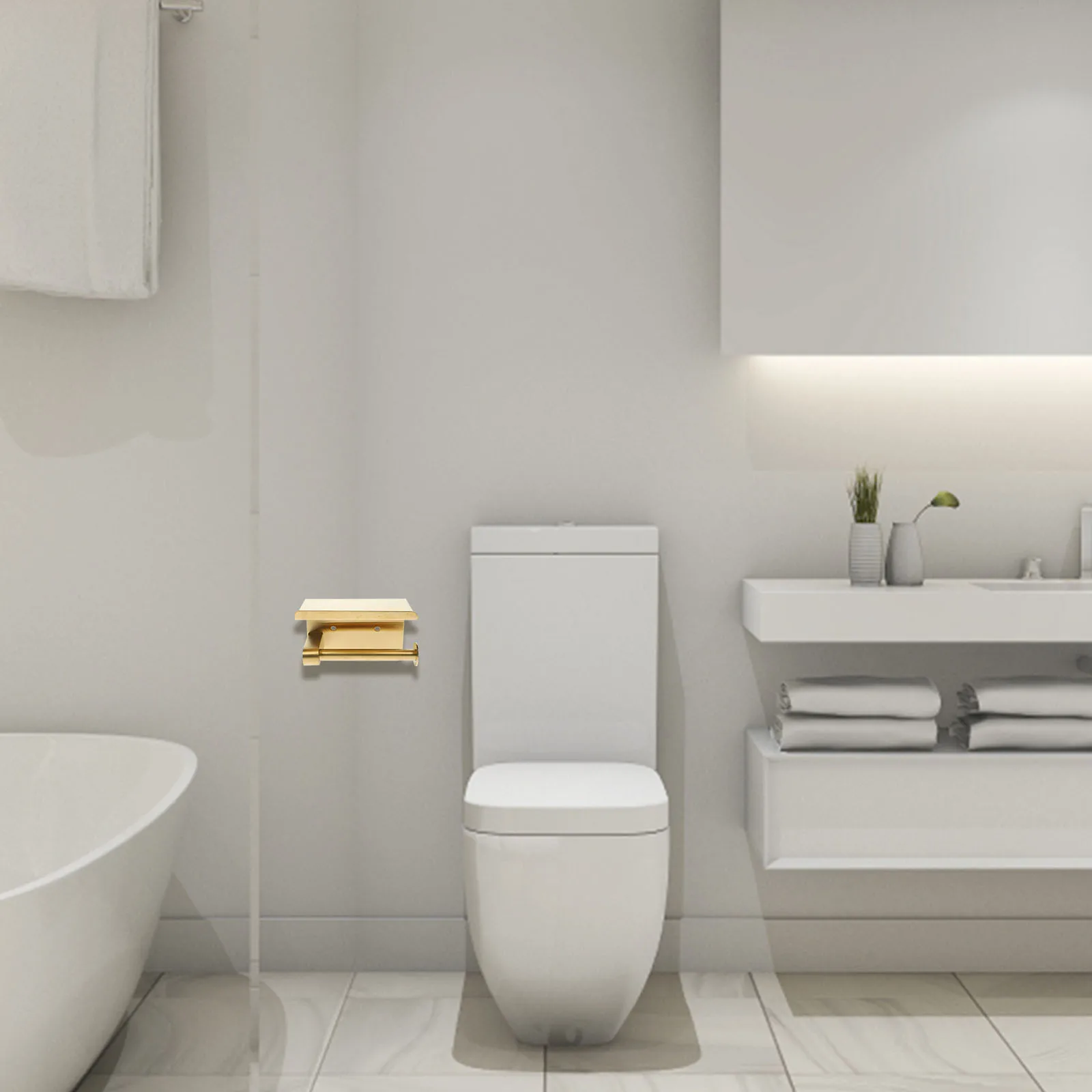 حامل ورق المرحاض يُثبت على الحائط، رف الحمام بدون ثقب، رف تخزين الورق الملفوف الذهبي، منظم متعدد الأغراض #2