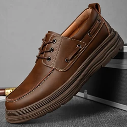 Hot Selling Autumn Lace Up Oxford Shoes Thick Soled Men's Genuine Leather Business Shoes Versatile Retro Brown Work Shoes