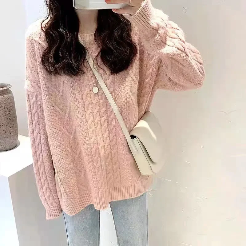 Maglione da pescatore Casual allentato semplice da donna nuovo maglione lavorato a maglia con maniche a lanterna con scollo a o nuovo cardigan lavorato a maglia autunno inverno Chic