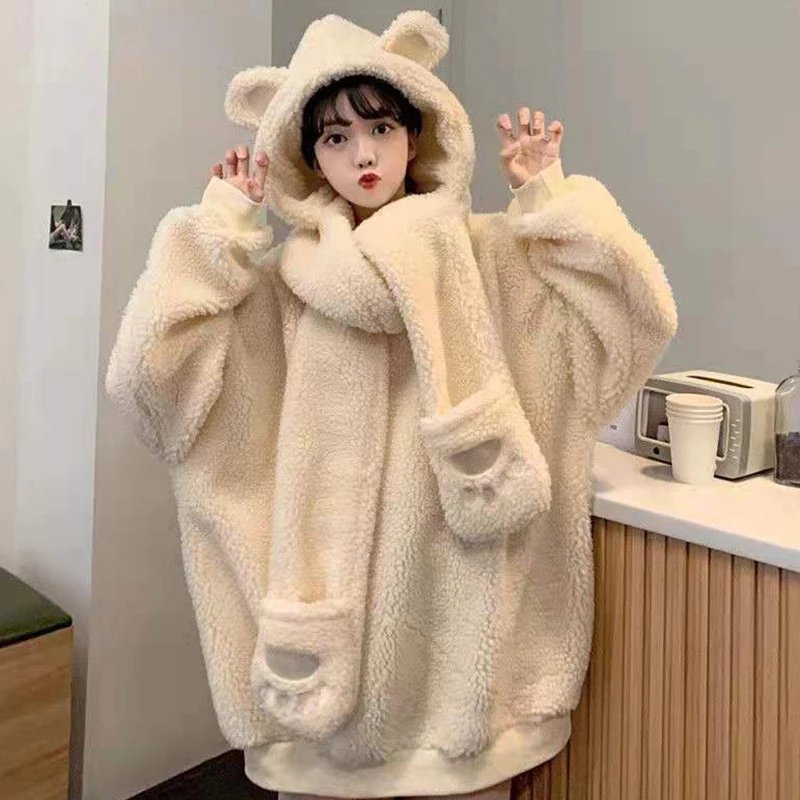 

Women Lamb Wool Two Piece Hoodies Kawaii Bear Ear Cap Faux Fur Loose Ladies Pullovers Warm Plush Thick Sweatshirts Top