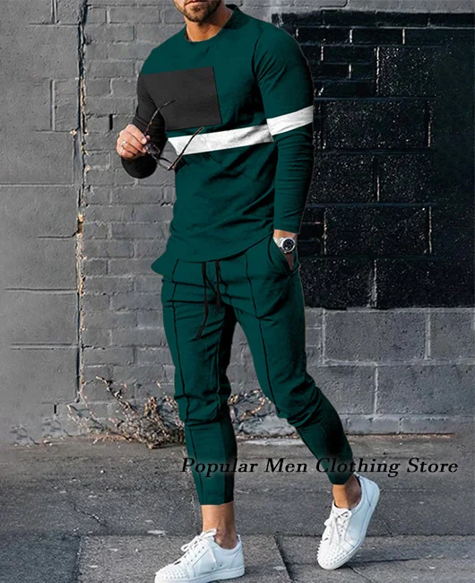 

Spring Men's Tracksuit Set 3D Printed Solid Color Jogger Sportswear Casual Long Sleeves T shirts+Long Pants Suit Men Clothing