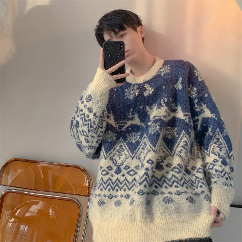 2023 Autumn Winter Men\'s New Korean Fashion Christmas Sweater Loose Comfortable Round Neck Long Sleeve Pullover New Year Sweater